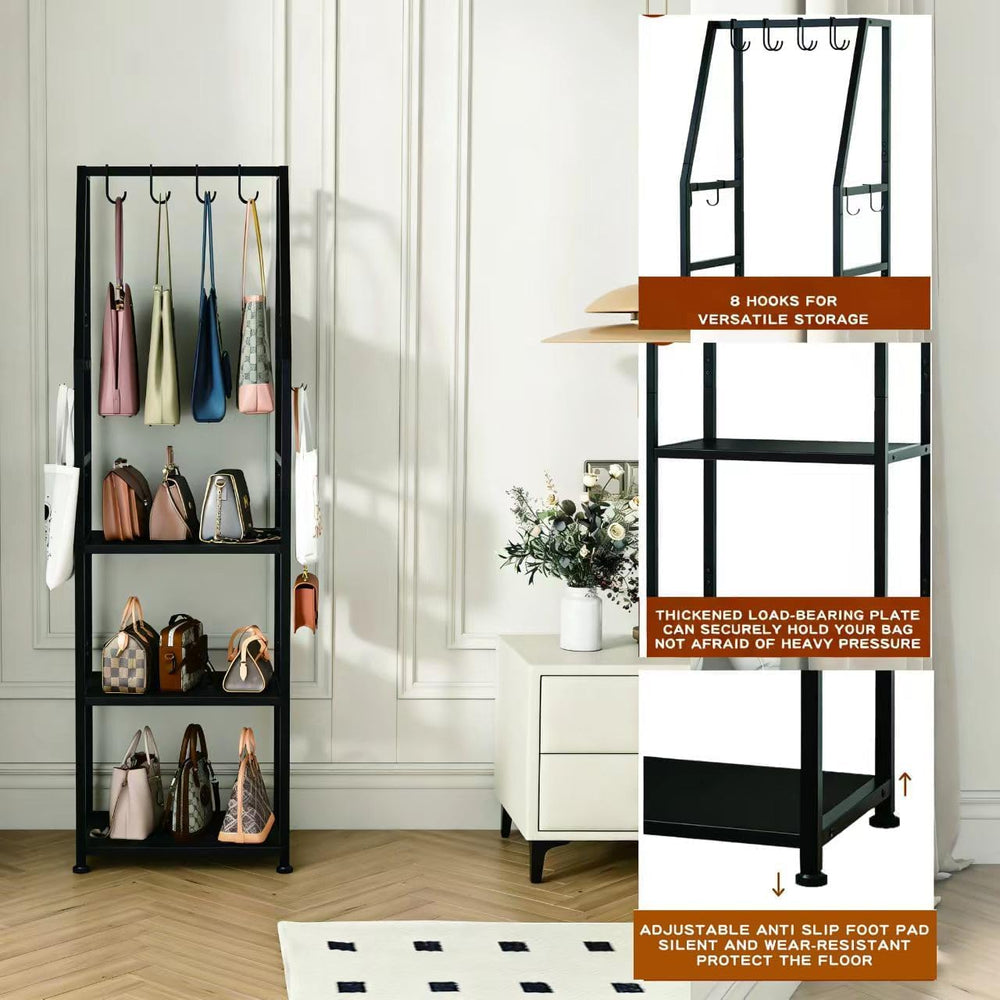 Hall Tree with Hanging Hooks,Heavy-Duty Metal Coat Rack with Shoe Shelves,3-T...