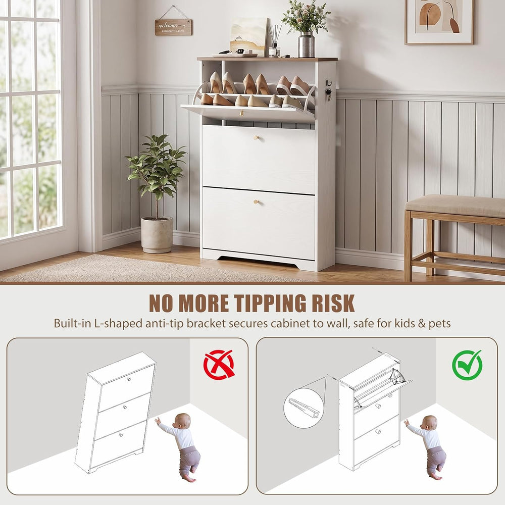 Nicetree Shoe Cabinet, 3 Flip Drawers Slim White Walnut Top Entry Storage