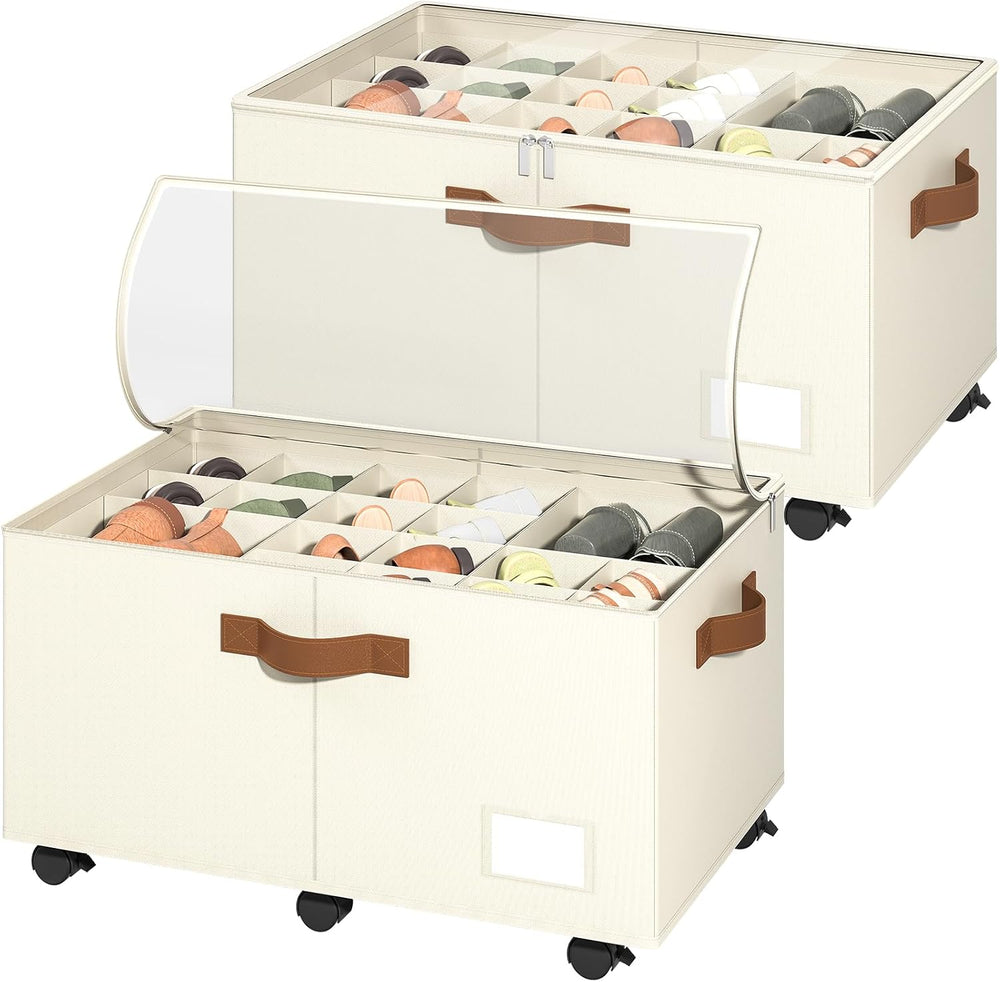 Foyego 2 Pack Shoe Organizer for Closet, Shoe Storage with Wheels, Beige