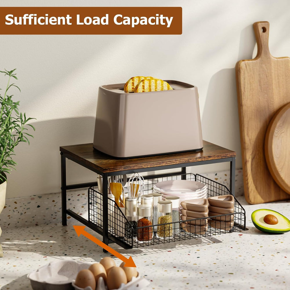 KLM Pull Out Spice Rack Organizer for Cabinet,Rustic Wood Top with Wire Baske...