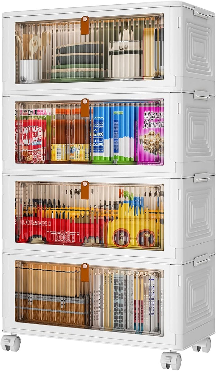 4 Tier Plastic Storage Bins with Lids 35QT, Stackable Storage Containers with Wheels, Folding Storage Boxes, Collapsible Storage Bins, Closet Organizers and Storage for Living Room,Office,Dorm