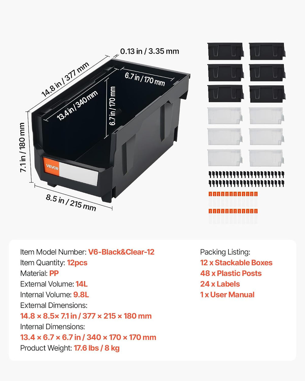 VEVOR Plastic Stackable Storage Bins, 14.8 x 8.5 x 7.1 inch (12 Pack), Plasti...