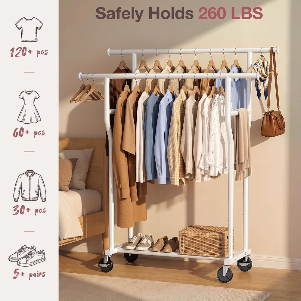 Clothes Rack, Double Rods Rolling Clothing Rack for Hanging Clothes Load 260 ...