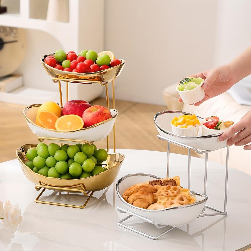 Gold Silver Fruit Bowl with Metal Stand, 3 Tier Ceramic White Fruit Bowl Frui...