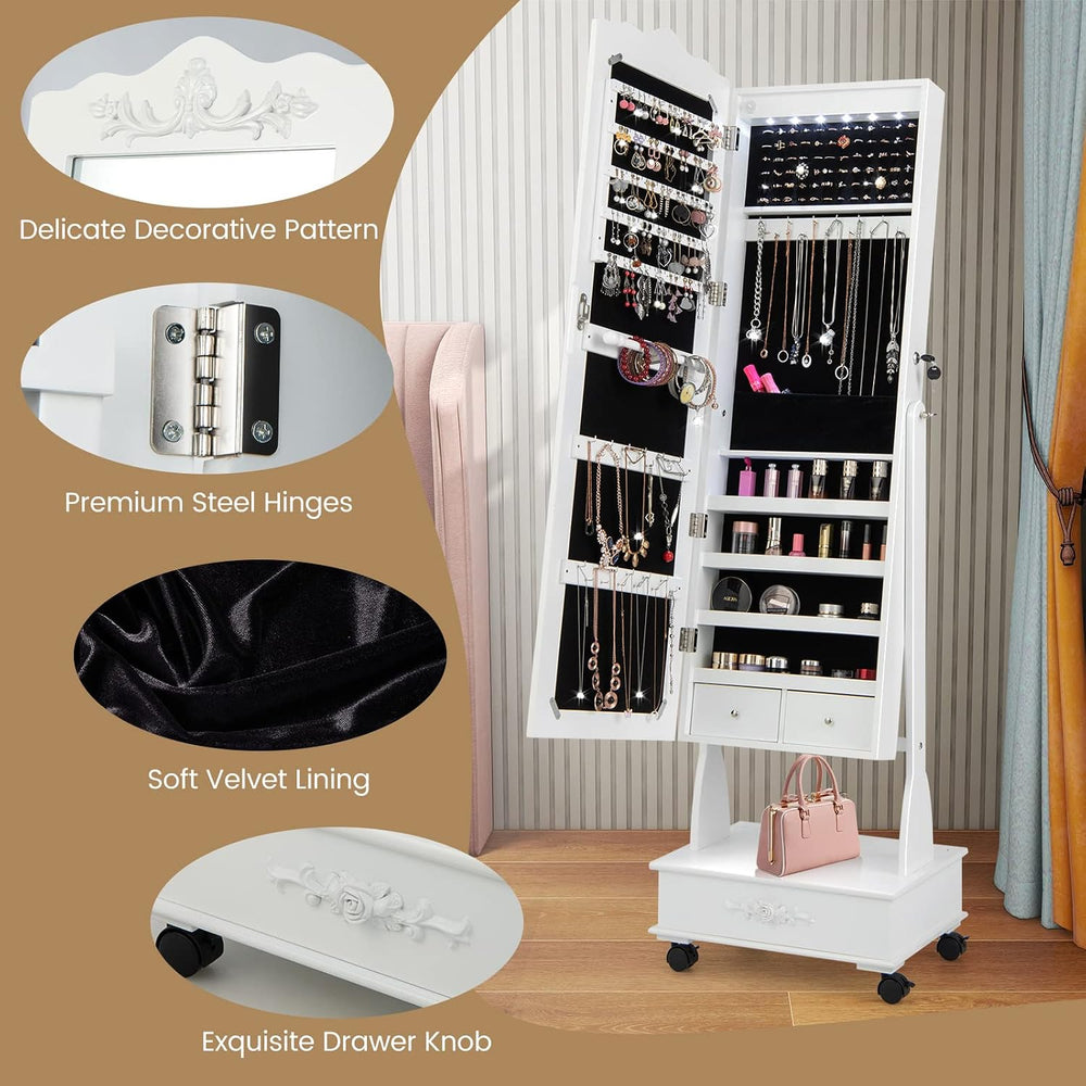 HAPPYGRILL Full Length Jewelry Armoire, Lockable Jewelry Organizer with Wheel...