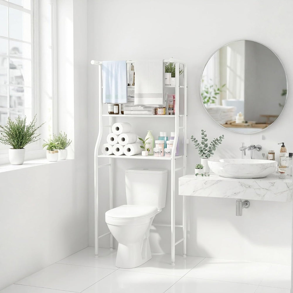 UDEAR 3-Tier Over The Toilet Rack,with Hanging Rod,Tower Shelf,White