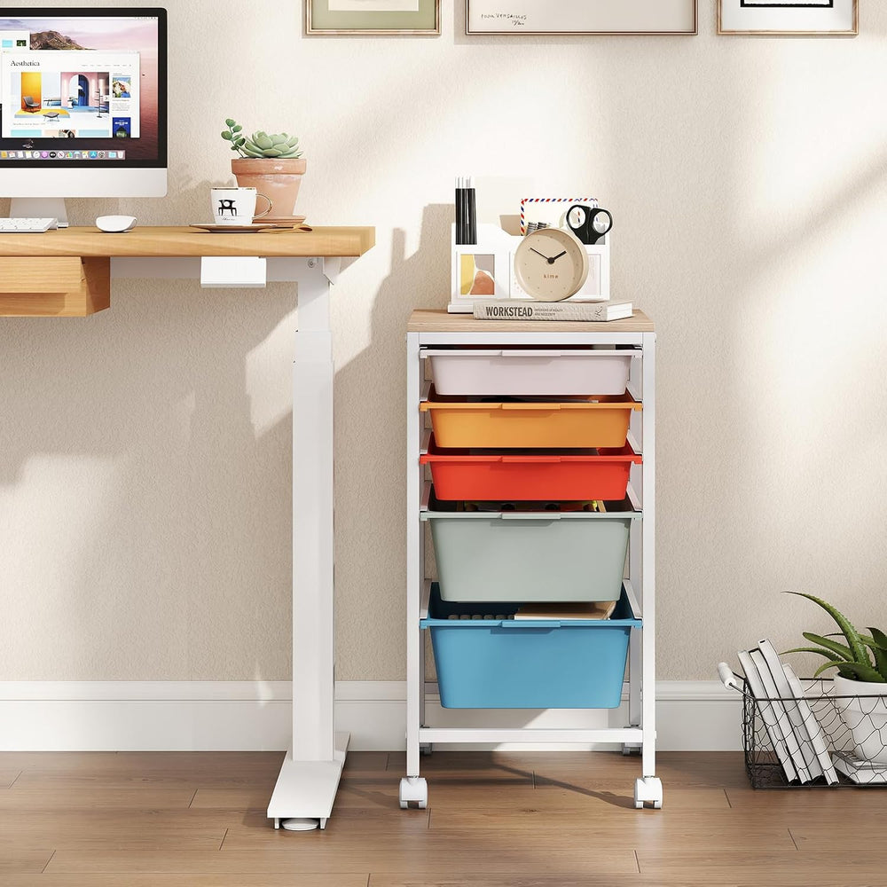Giantex Rolling Storage Cart with 5 Drawers, Utility Cart w/Wooden Tabletop, ...