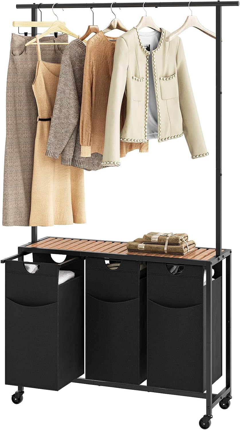 YATINEY Laundry Sorter 3 Section, Rolling Laundry Hamper with Hanging Rack, L...