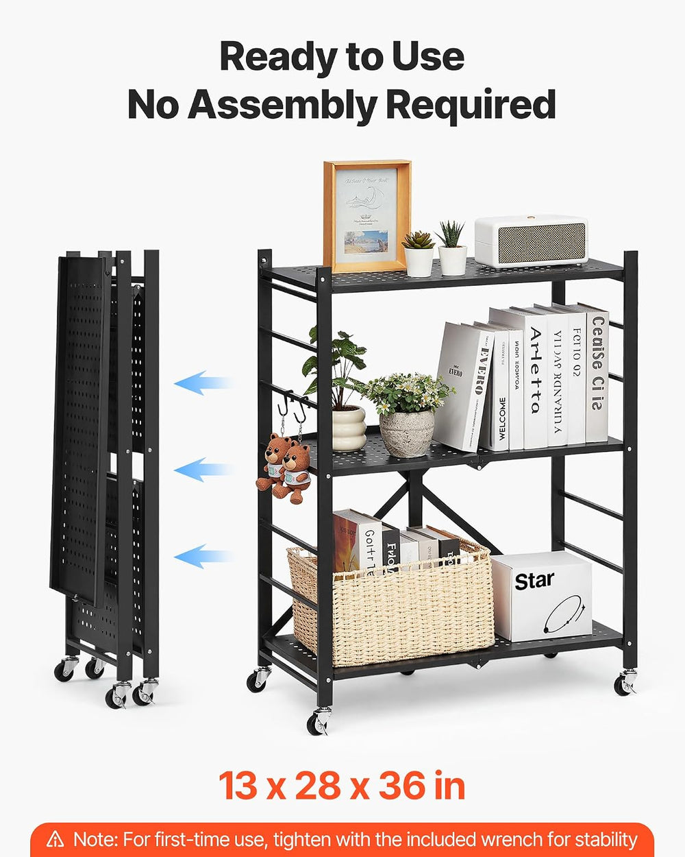 VEVOR 3-Tier Foldable Storage Shelf, 28W x 13D x 36H Inch Folding Metal Rack ...