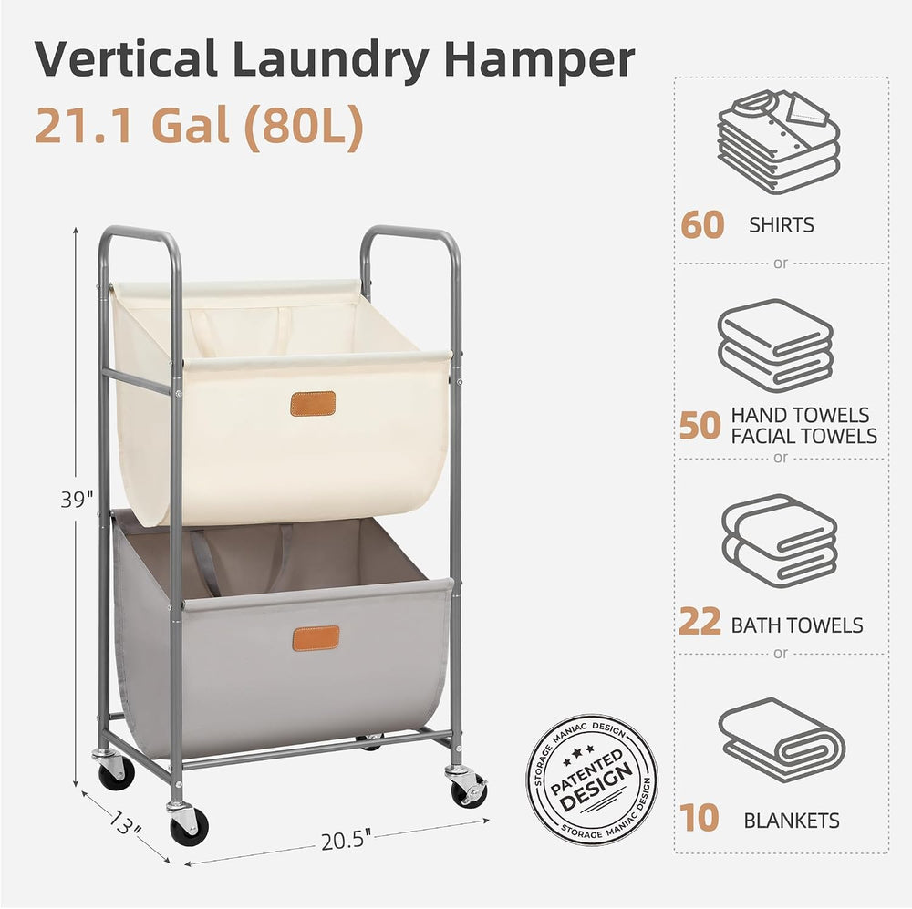 STORAGE MANIAC 80 Liters Vertical Rolling Laundry Hamper, 2 Section Laundry S...