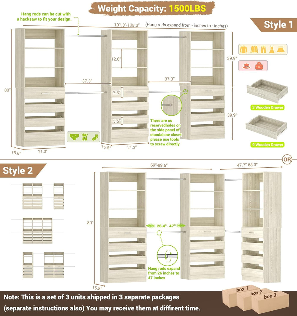 Aheaplus Closet System with 12 Drawers, 8.5-11.5Ft Wood Closet Organizer