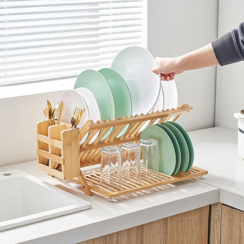 Bamboo Dish Drying Rack, 3 Tier Collapsible Wooden Dish Drainer Rack with Ute...