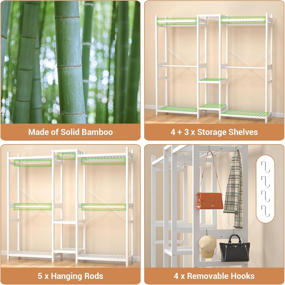 Homykic Bamboo Clothing Rack with Shelves, 70” Wide Closet System, 78.8”H
