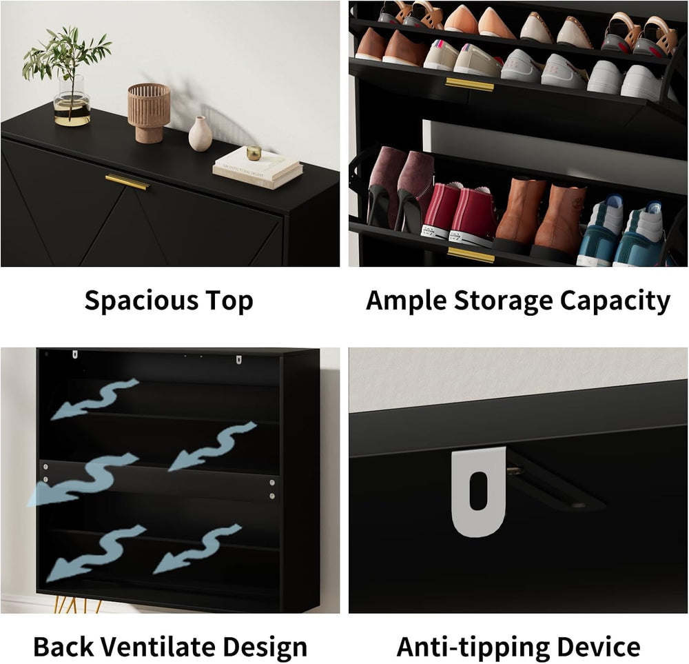 CARPETNAL Shoe Cabinet for Entryway Slim, Black Shoe Storage Cabinet with 2 F...