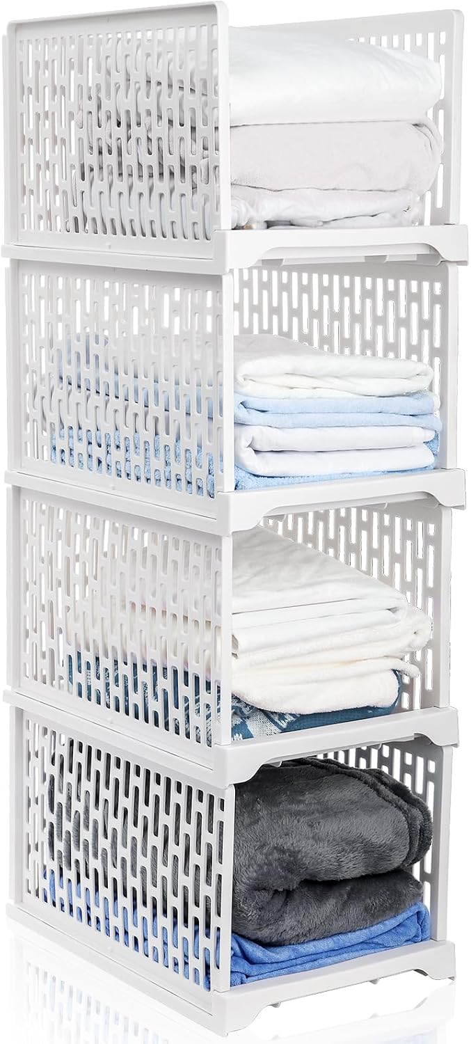 AVLA 4 Pack 38" Stackable Plastic Storage Basket, Plastic Foldable Close...