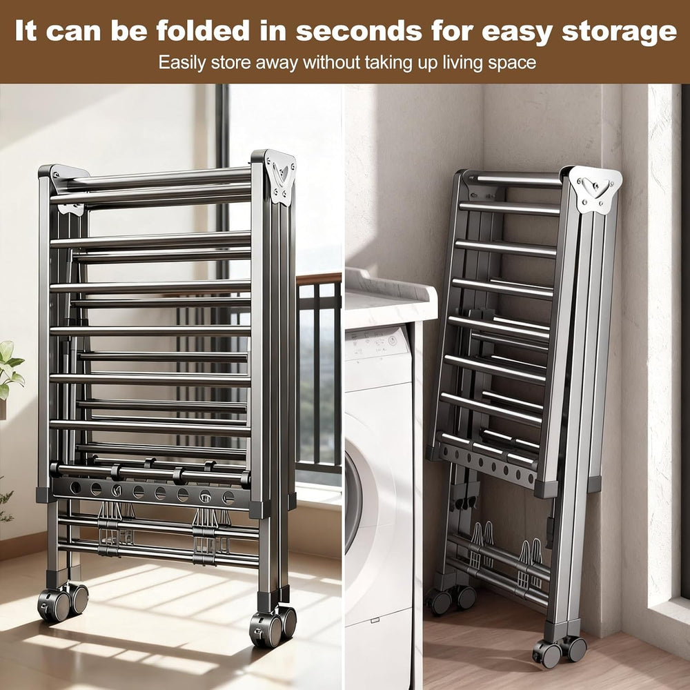 Heavy Duty 3-Tier Clothes Drying Rack with Wheels, Large 5.9ft