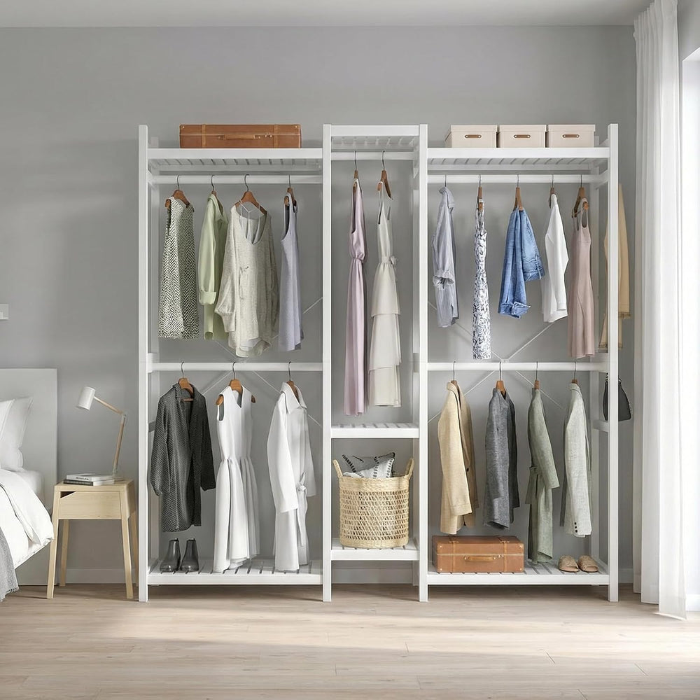 Homykic Bamboo Clothing Rack with Shelves, 70” Wide Closet System, 78.8”H