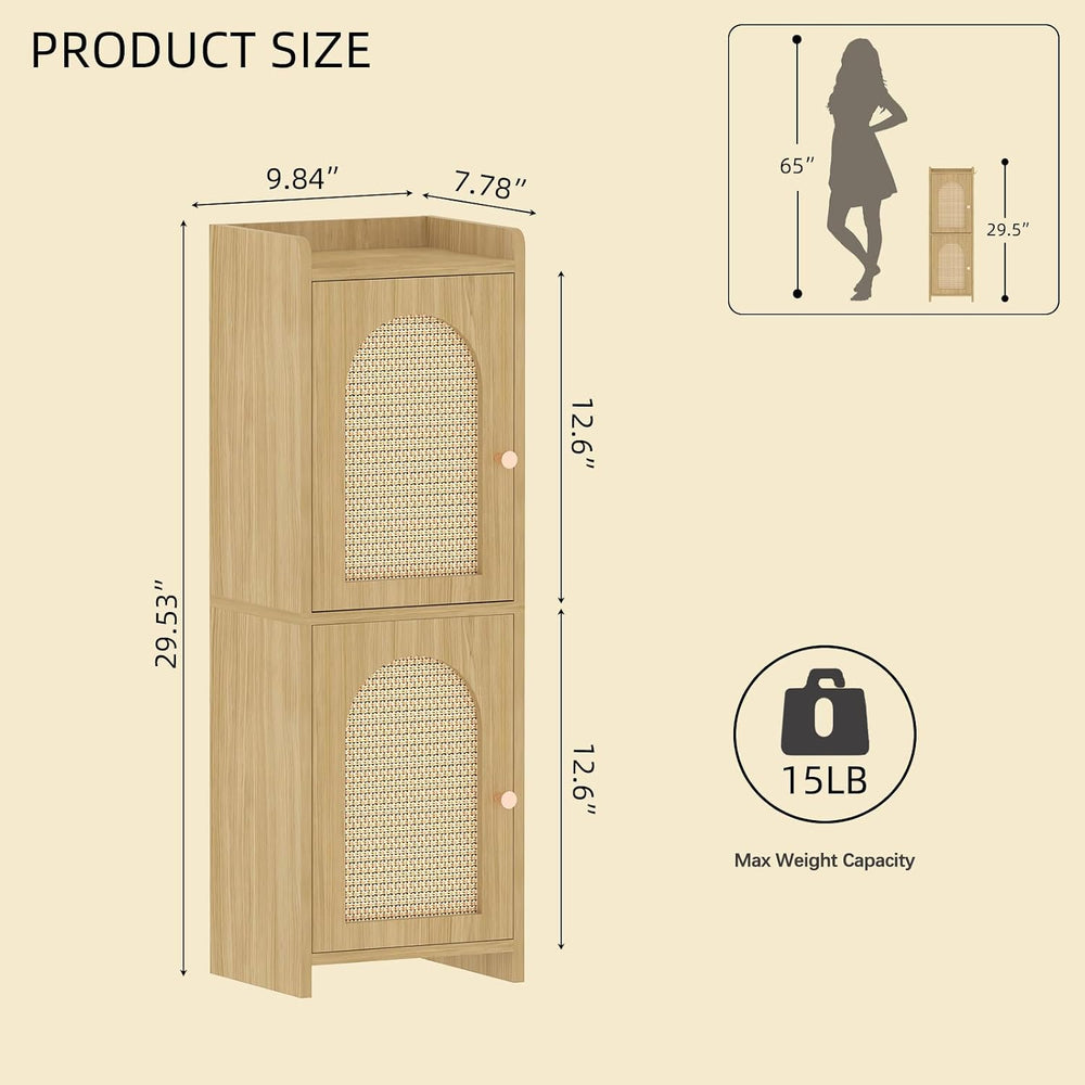 Rattan Bathroom Small Storage Cabinet with 2 Doors and Adjustable Shelf Oak