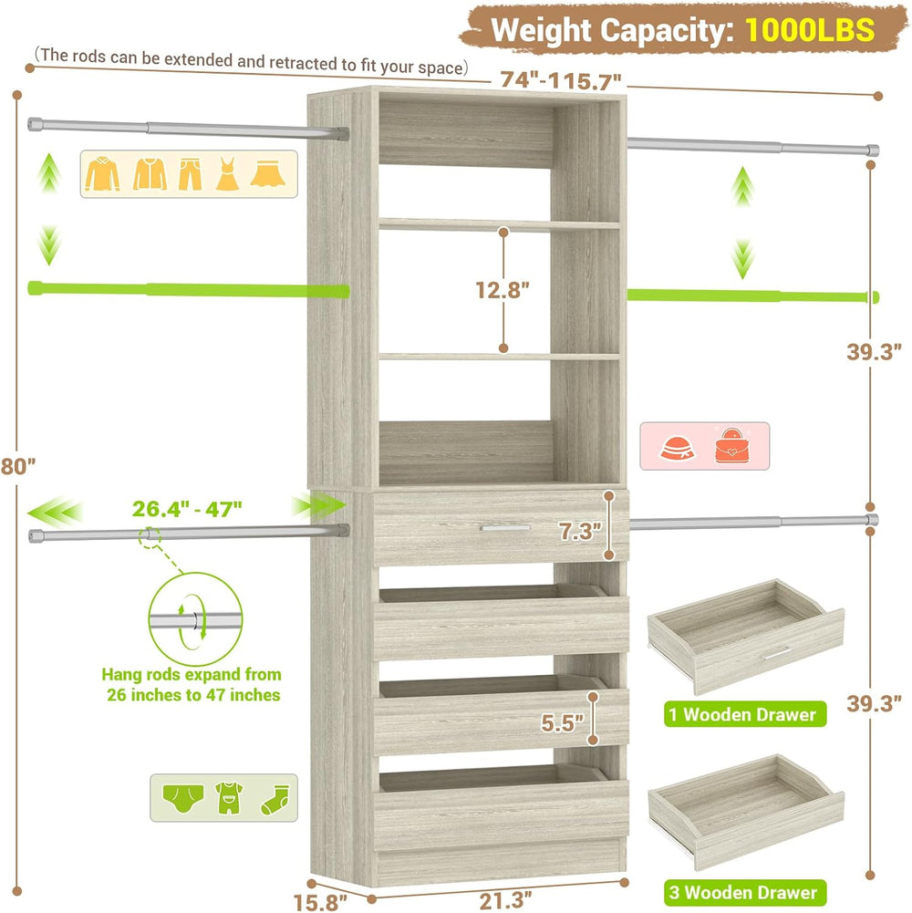 Aheaplus Closet System,4-9Ft Closet Organizer with 4 Wood Drawers,White Oak
