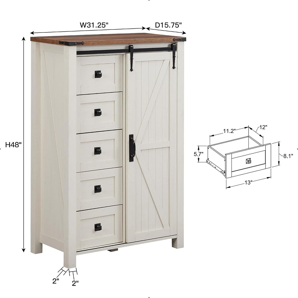 T4TREAM 5 Drawers Dresser with Sliding Barn Doors, Antique White