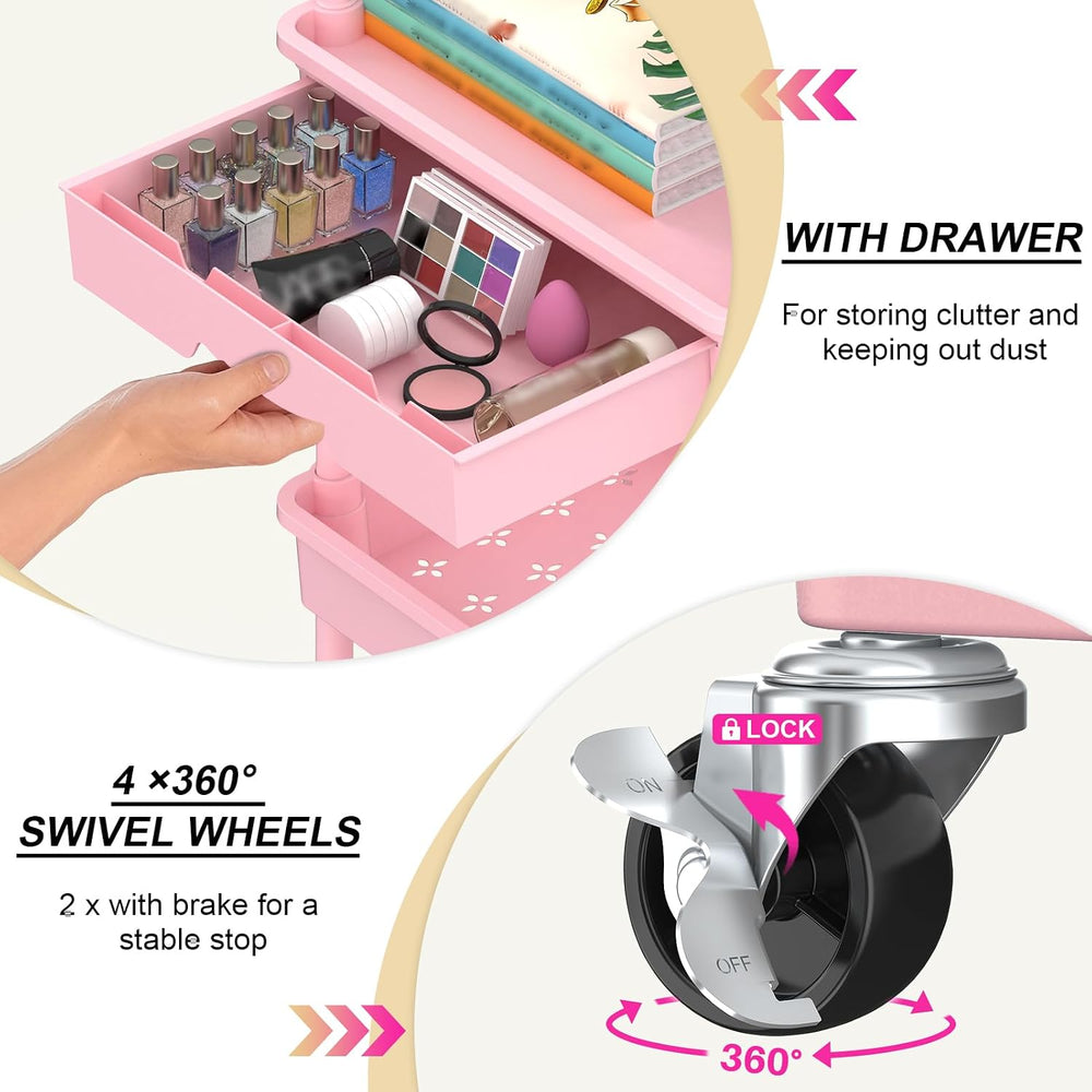 3 Tier Rolling Utility Cart Organizer with Removable Drawer, Pink