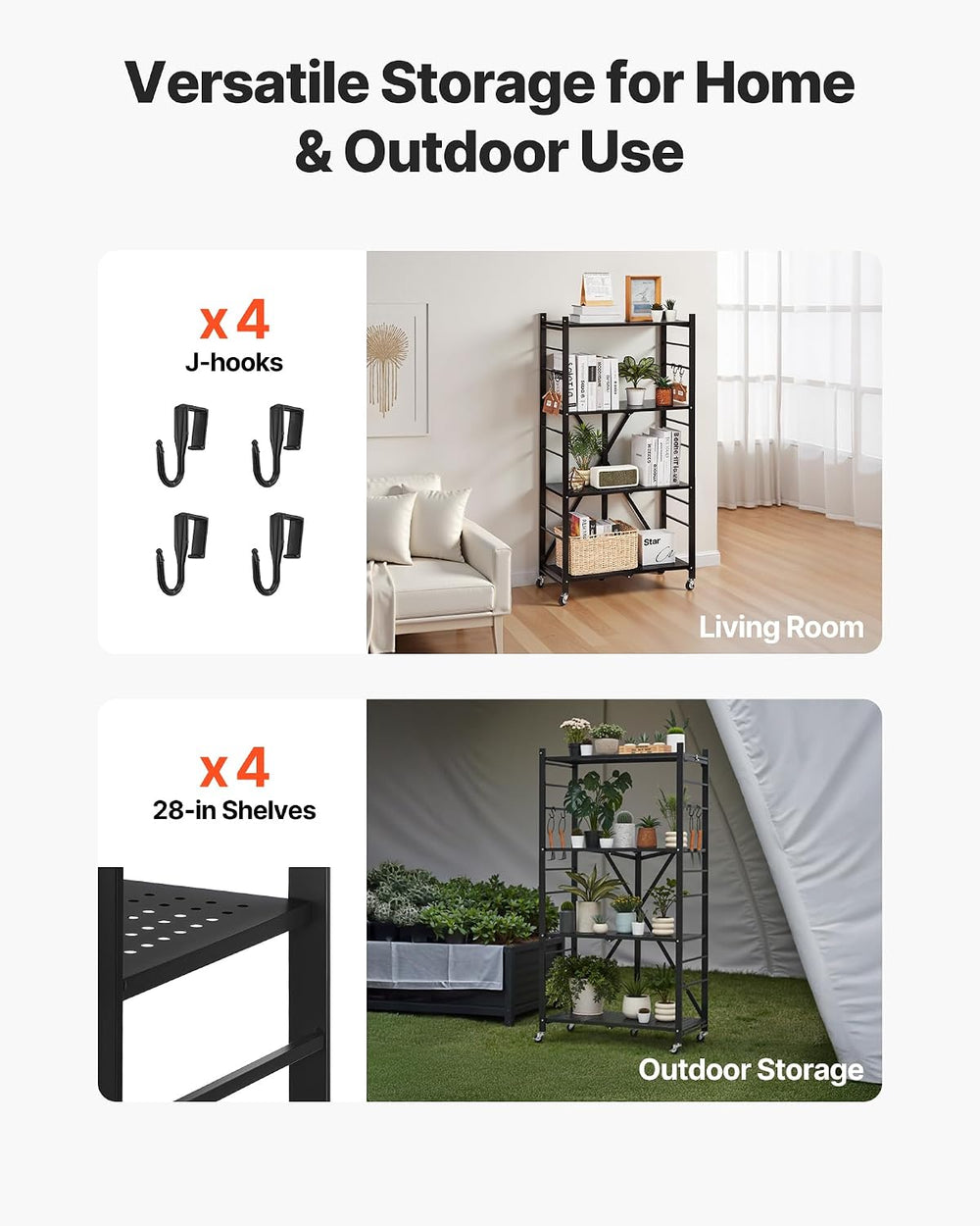VEVOR 4-Tier Foldable Storage Shelf, 28W x 13D x 54H Inch Folding Metal Rack ...