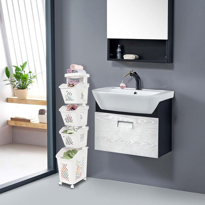 4-Tier Rolling Laundry Hamper, Plastic Laundry Cart Organizer with Wheels, Compact Laundry Baskets, Vertical Rolling Laundry Sorter for Small Space, Dorm, Bathroom