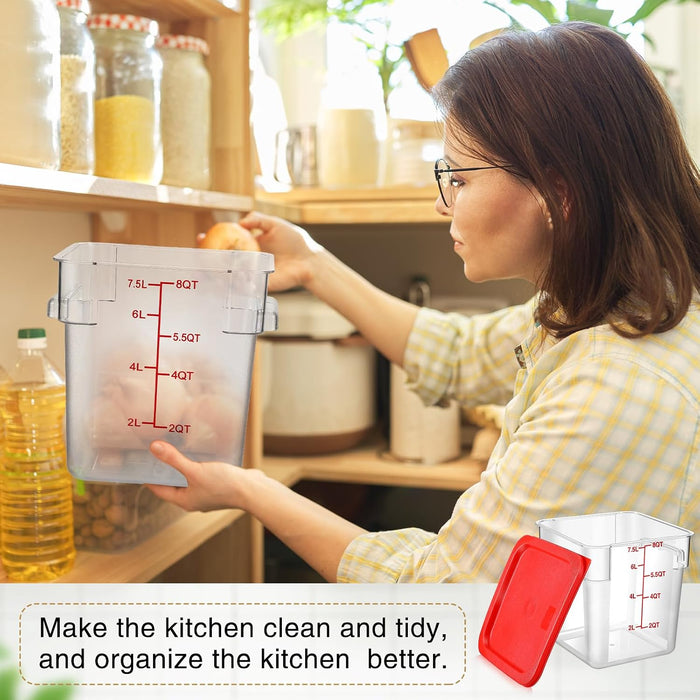 Suclain 2 Pcs Square Food Storage Container Polycarbonate Clear Food Container with Lid Commercial Rice Storage with Graduations for Commercial Kitchen(8 Qt,Red)
