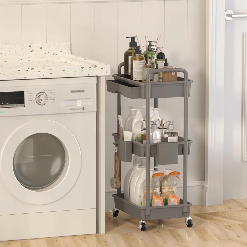 3 Tier Rolling Utility Cart with Drawer, Plastic Storage Organizer Rolling Ca...