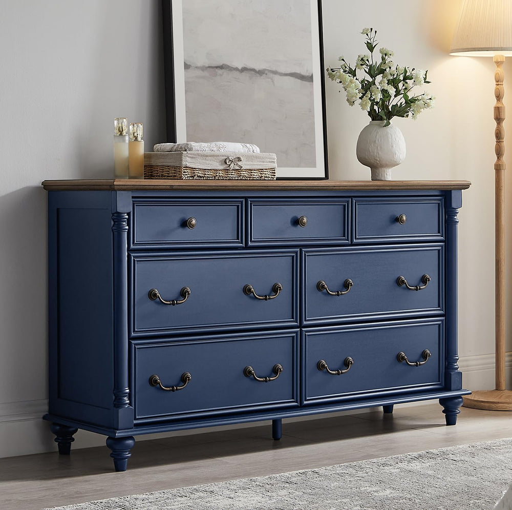 T4TREAM Farmhouse 7-Drawer Dresser with Solid Wood Feet, Antique Blue