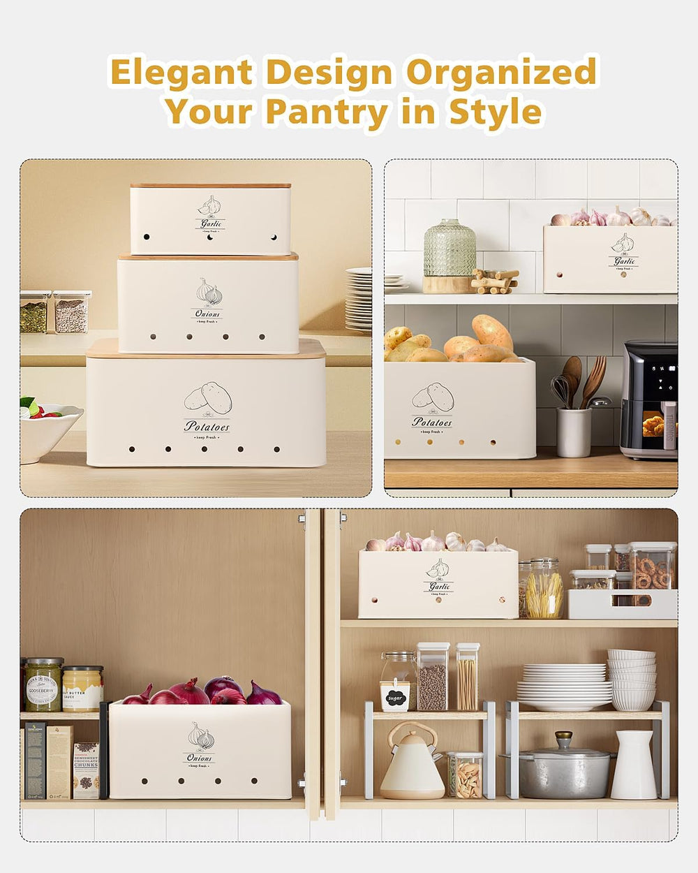 Kitchen Vegetable Storage Tins Set of 3 for Potatoes, Onion, Garlic, Vegetabl...