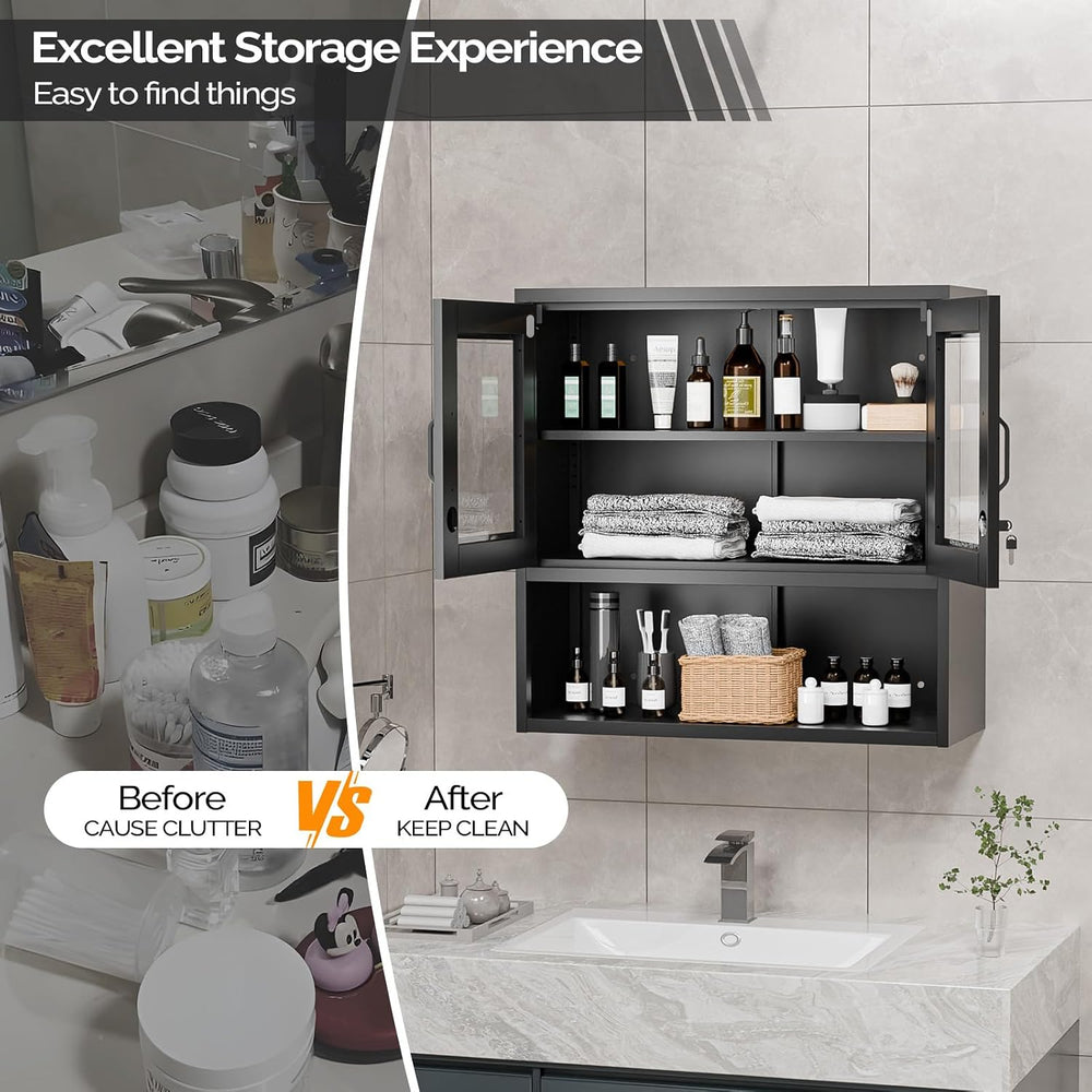 VINGLI Metal Wall Cabinet with Locking Glass Doors & Magnetic LED Sensor ...