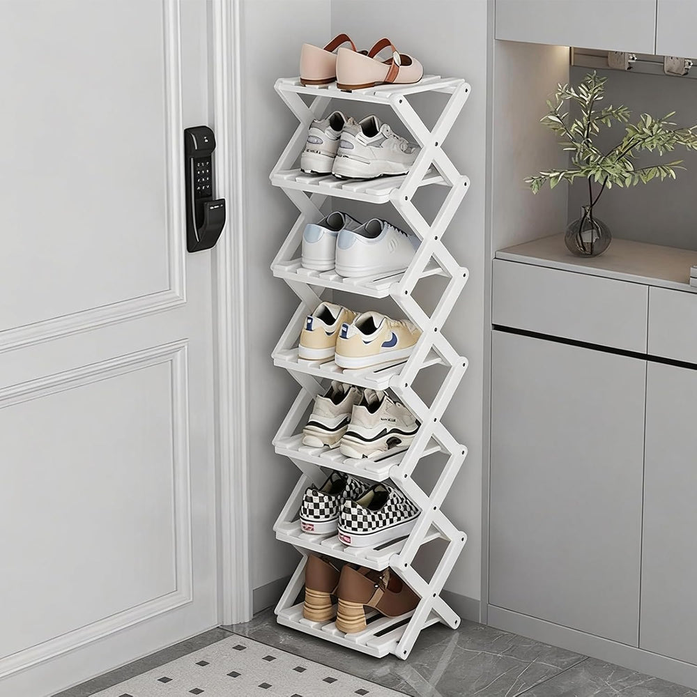 Vertical Narrow Shoe Rack White, 7 Tier Portable Folding Shoe Storage Rack, W...
