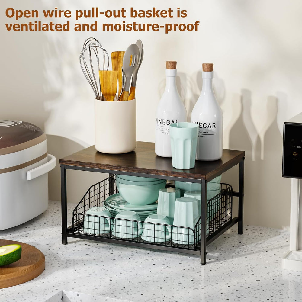 KLM Pull Out Spice Rack Organizer for Cabinet,Rustic Wood Top with Wire Baske...