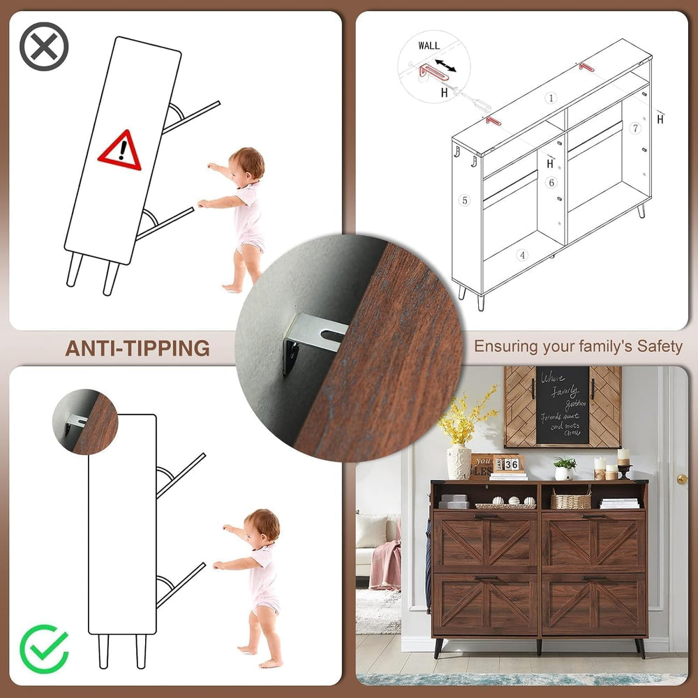Barnyatoh Farmhouse Shoe Storage Cabinet with 4 Flip Drawers & Open Storage
