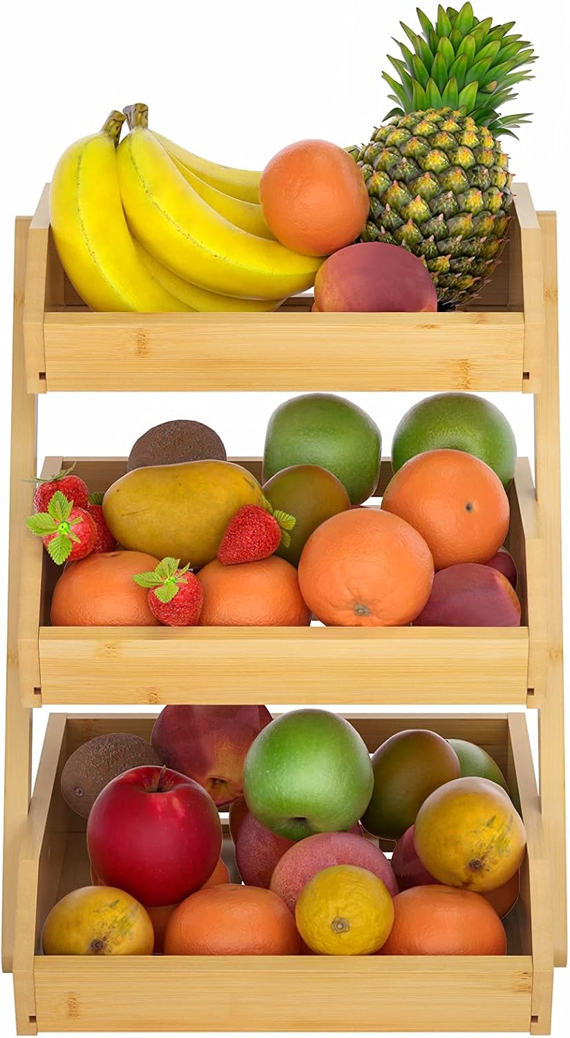Merysen 3-Tier Bamboo Fruit Basket for Kitchen Countertop, Self-assembly