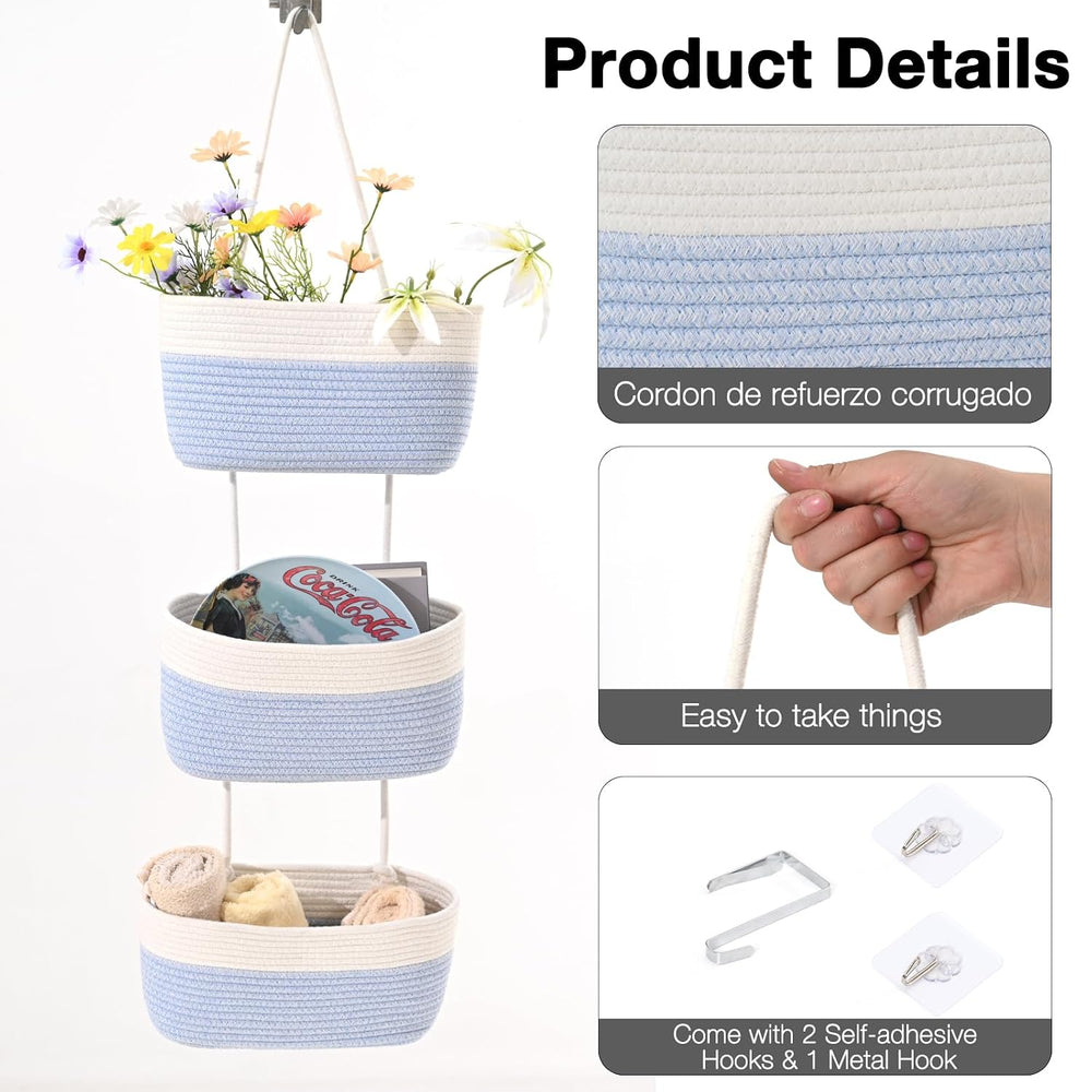 Hanging Baskets for Organizing 3-Tier Basket Light Blue & Off White