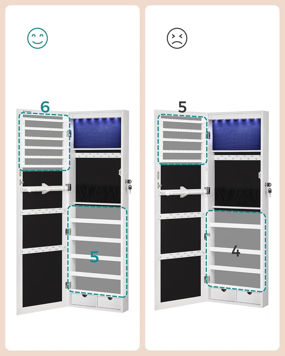SONGMICS Mirror Jewelry Cabinet Armoire, Wall or Door Mounted, Lockable