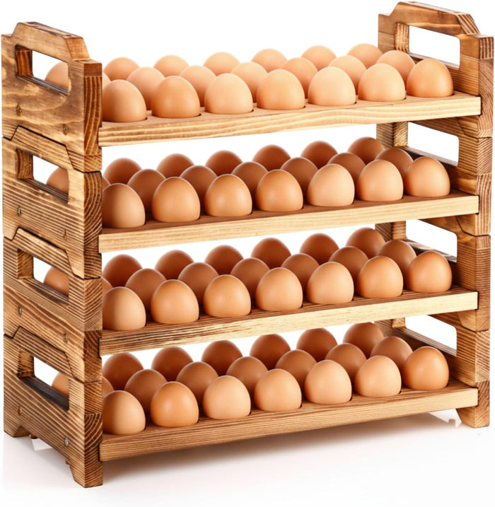 Reallnaive 4 Tier Wooden Egg Holder for Countertop Stackable, Brown, Pine
