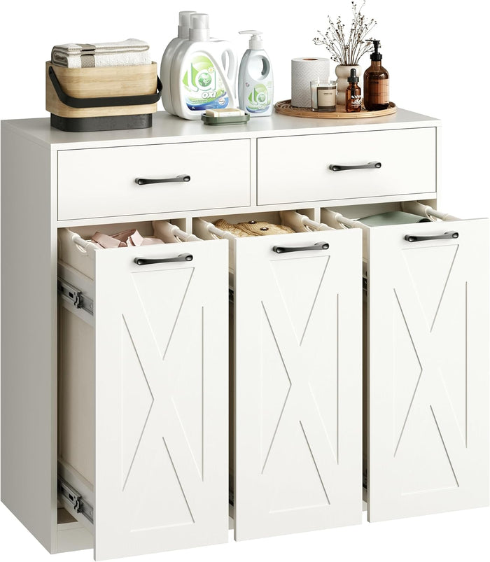 Herture Laundry Hamper Cabinet, Laundry Basket 3 Section with 2 Storage Drawers, Laundry Sorter with Pull-Out Removable Large Bags, 3 x 15.87 Gallons (60L), for Laundry Room Bathroom, White YL01XLW
