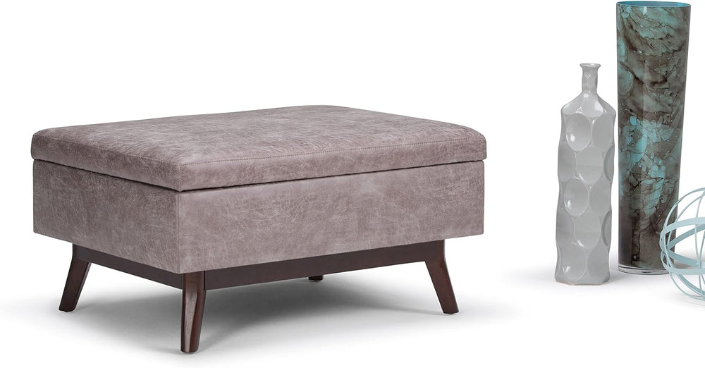 SIMPLIHOME Owen 34" Wide Vegan Leather Lift Top Ottoman in Grey Taupe