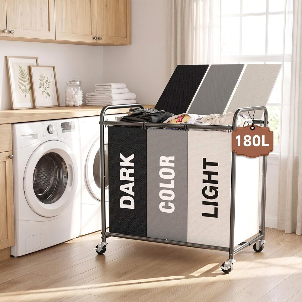 YKDIRECT 180L Laundry Hamper with Wheels and Lid, 3 Section Laundry Sorter