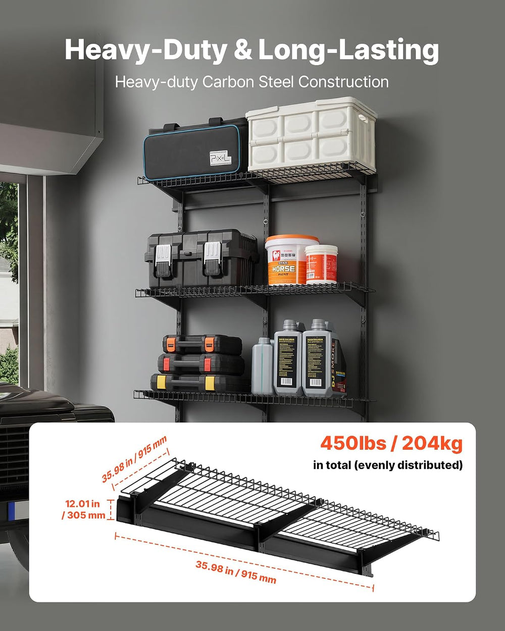 VEVOR 3-Tier Heavy Duty Wall Garage Shelving, 0.9 x 3 ft Steel Wall Mounted S...