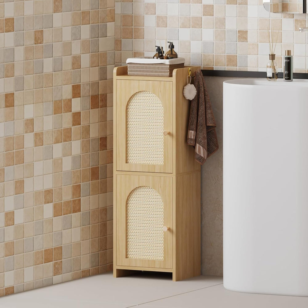 Rattan Bathroom Small Storage Cabinet with 2 Doors and Adjustable Shelf Oak