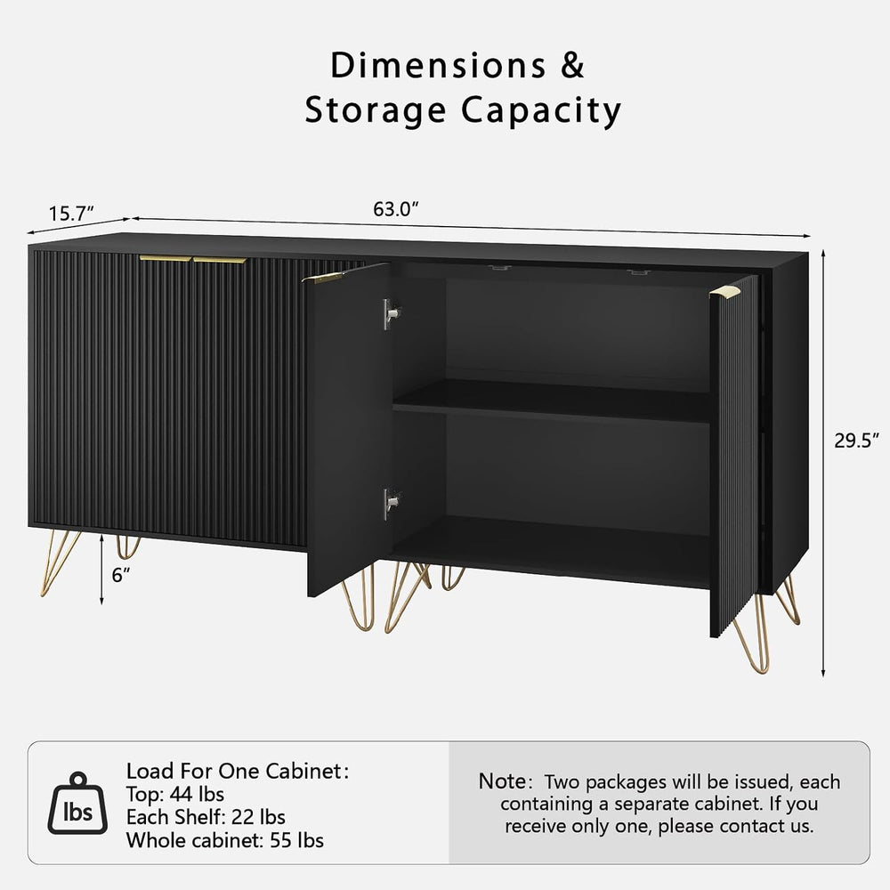 Storage Cabinet with 2 Fluted Doors and Adjustable Shelves, Black, 2pcs丨Moder...