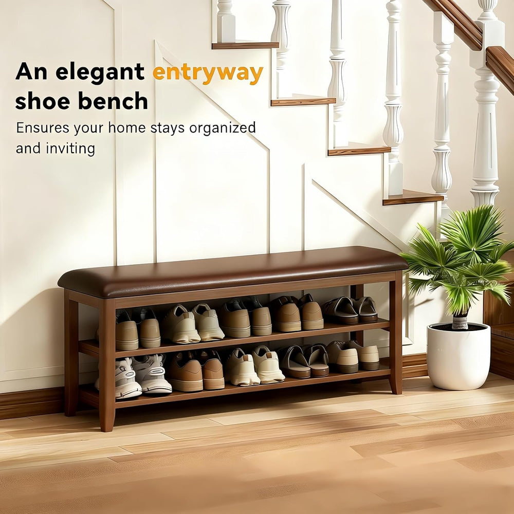 Wooden Shoe Storage Bench with Leather Cushion, Dark Brown, 39.4"