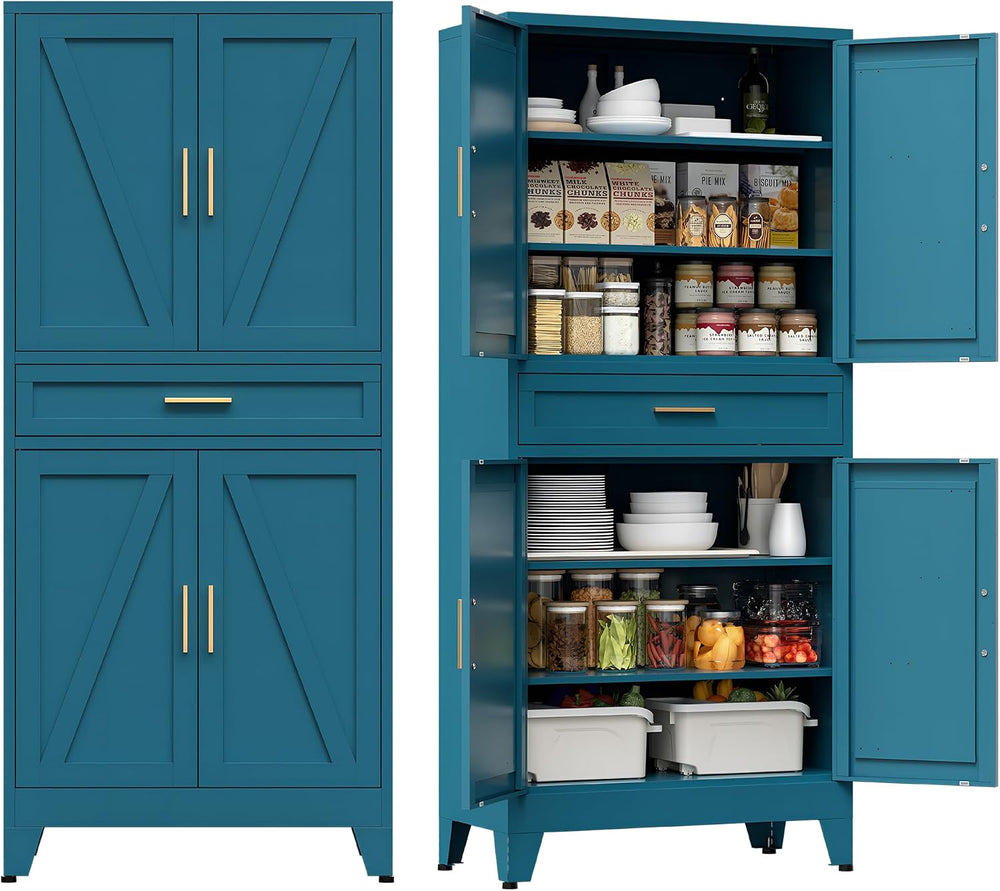 COFaR Farmhouse Storage Kitchen Pantry Cabinet with 4 Barn Door, 4 Adjustable...