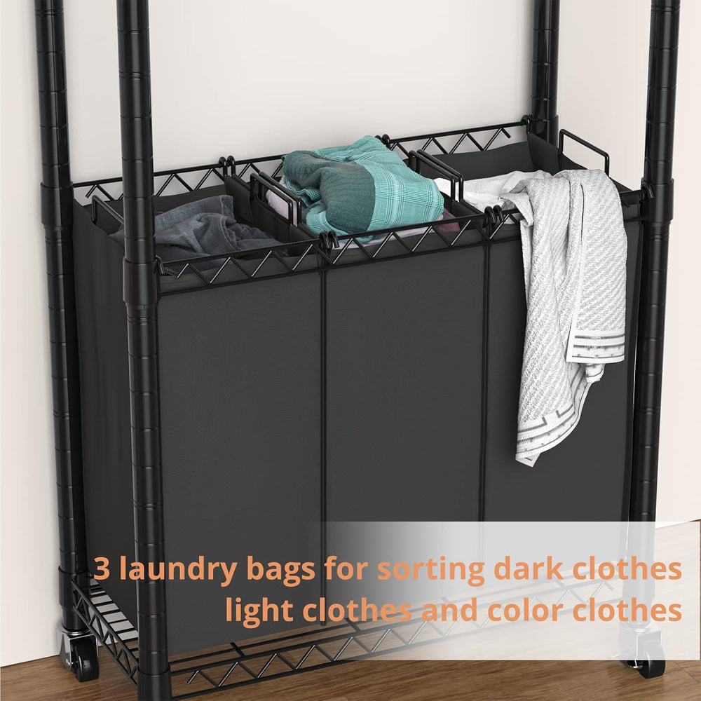 Hodonas Rolling Laundry Basket with Wheels and Hanging Bar, Black