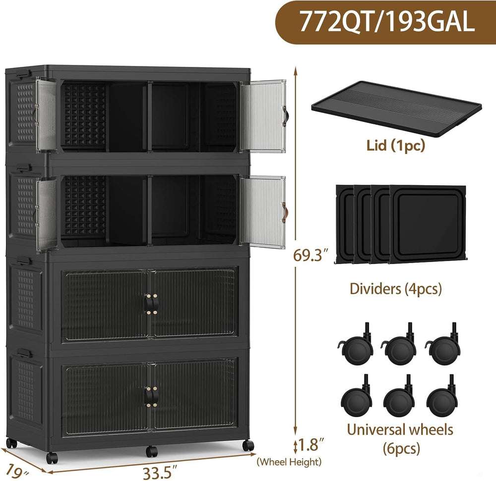 SAILUN 760Qt Stackable Storage Bins,Storage Cabinet with a Lid,4 Pack Black