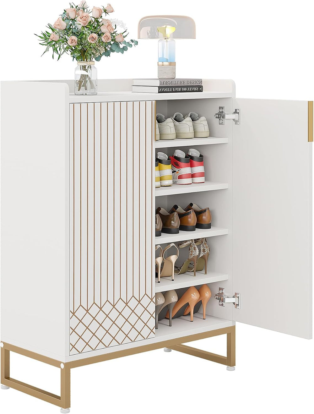 LITTLE TREE Modern White Shoe Cabinet with Doors for Up to 25 Pairs, 5-Tier W...